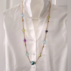 Vintage 34” GoldTone Necklace w/ Beads of Light Blue, Aqua, Purple & Lime Green